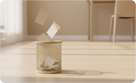 Business cards being dropped into a wastebasket beside a desk.